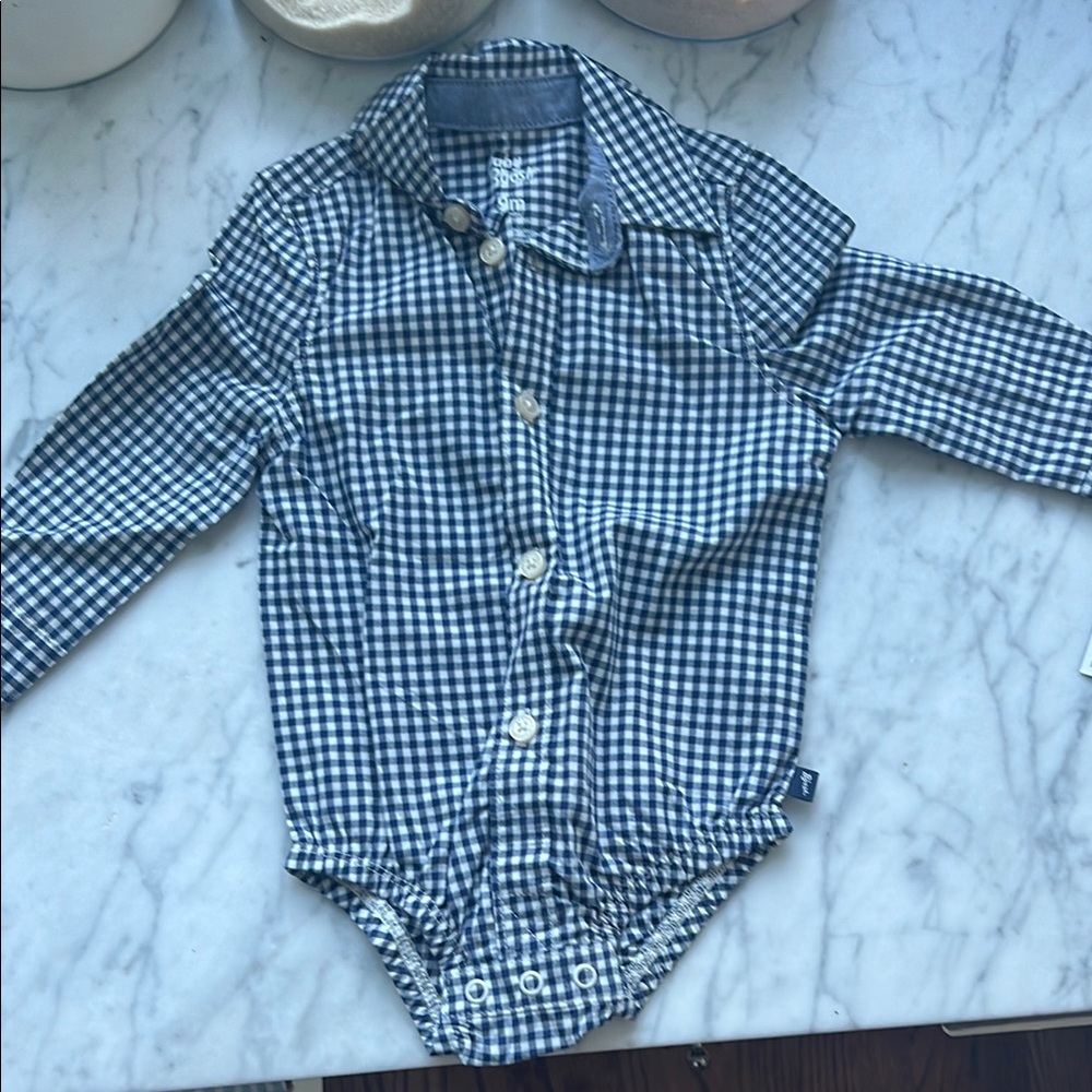 Navy and white gingham collared shirt onsie